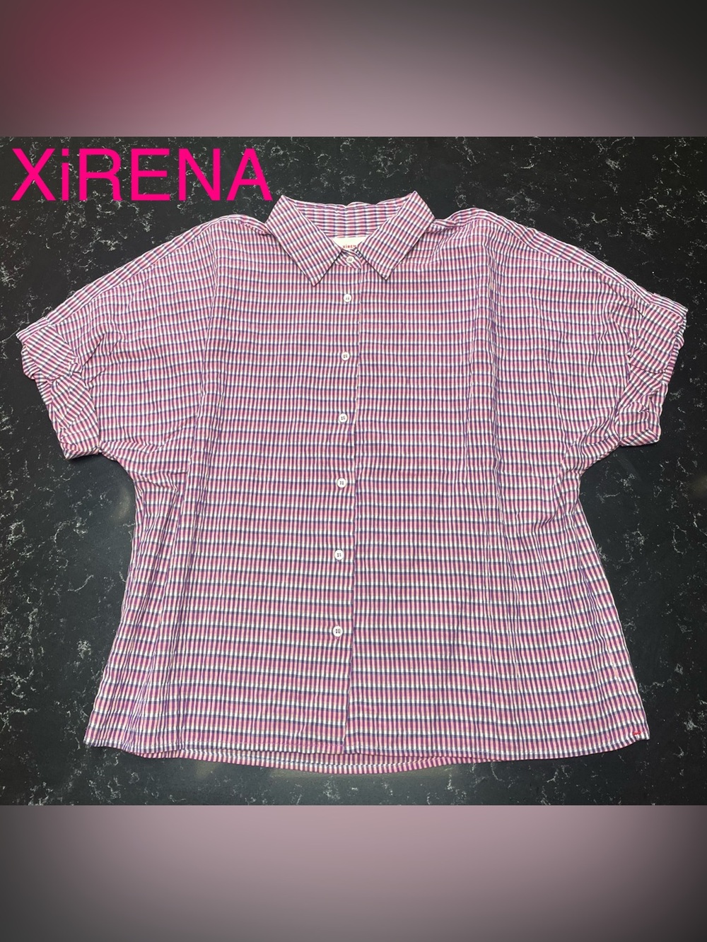 XiRENA : women’s pink & purple short sleeve button down shirt, sz m. new wot